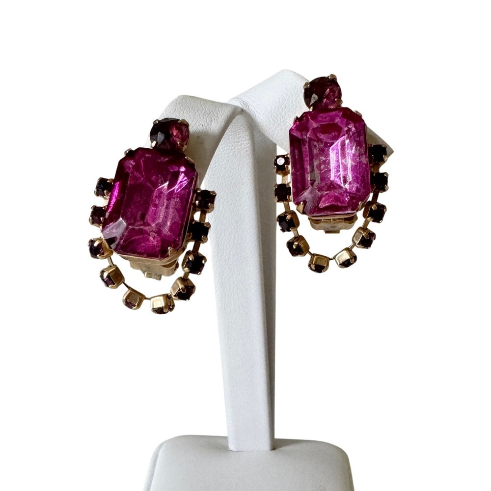 Vintage Pink Purple Rhinestone Statement Earrings Glam Sparkly Party Clip On